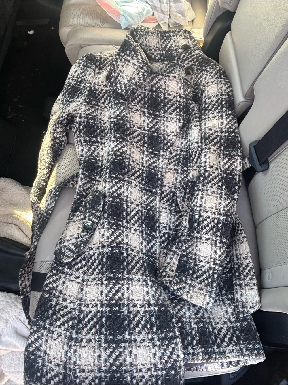 DKNY Black & White Plaid Pea Coat